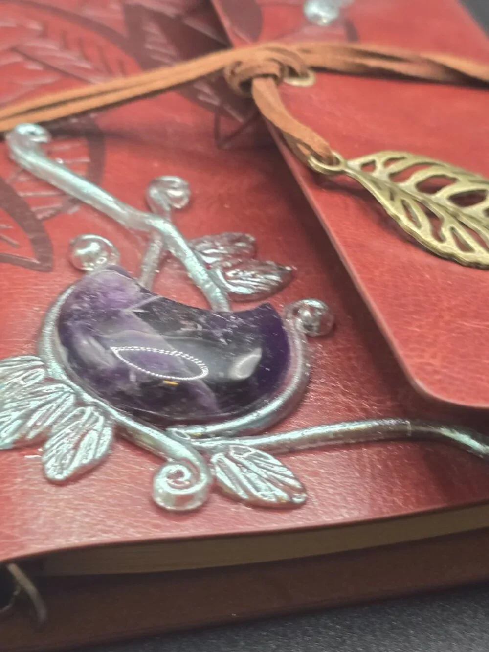 Brown Faux Leather Journal | Amethyst Crescent Moon & Labradorite Heart